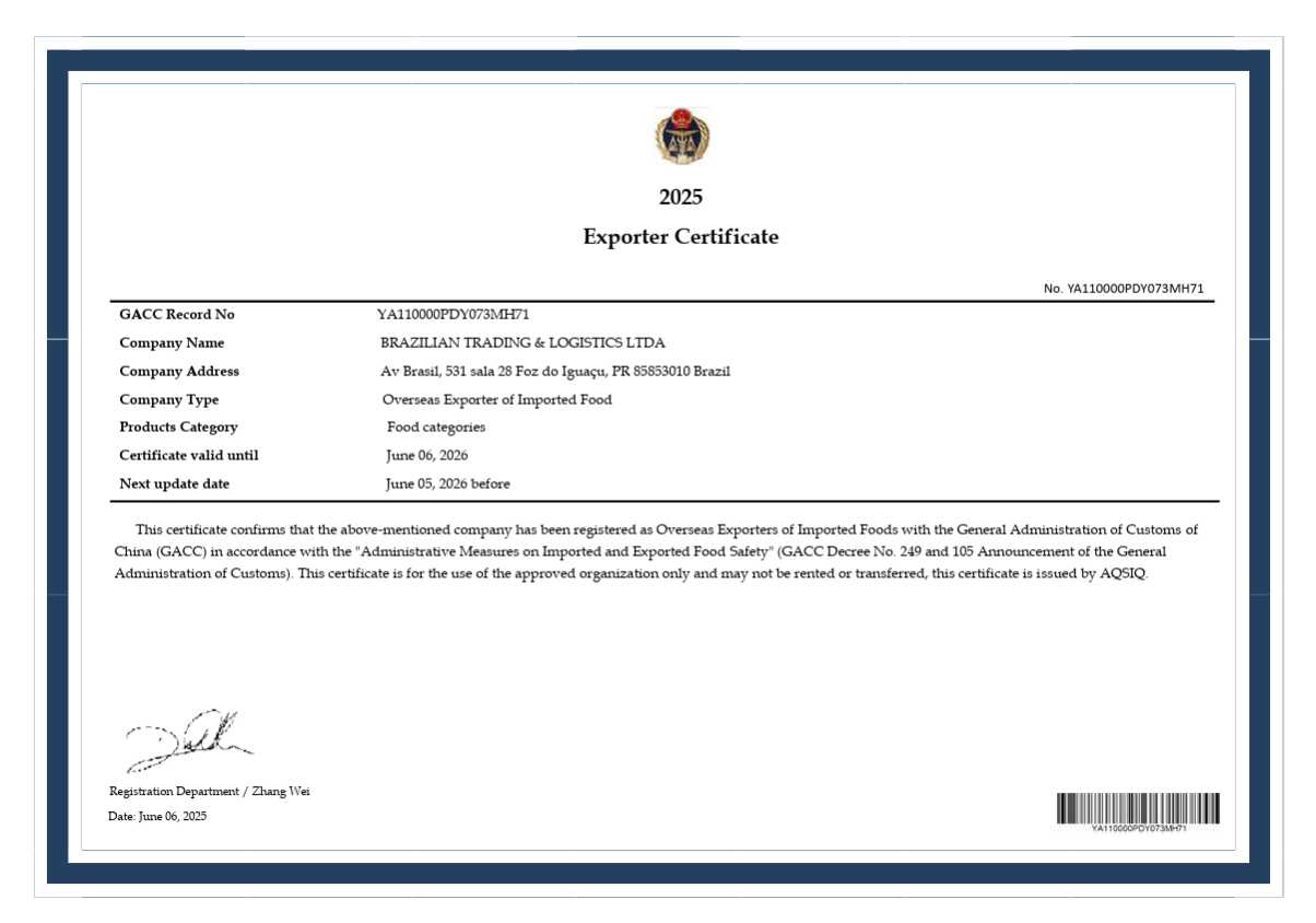 CERTIFICATE OF GACC BRAZILIAN TRADING